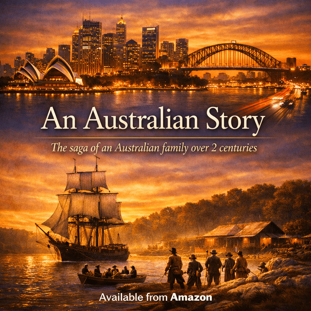 A digital illustration depicting 'An Australian Story,' featuring a historical ship and figures near a river, with a city skyline and iconic landmarks in the background. The title and tagline highlight the saga of an Australian family over two centuries.