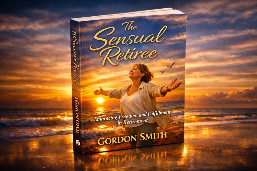 A book titled 'The Sensual Retiree' by Gordon Smith, displayed against a sunset beach background. The book cover features a woman joyfully embracing the moment with an ocean view.