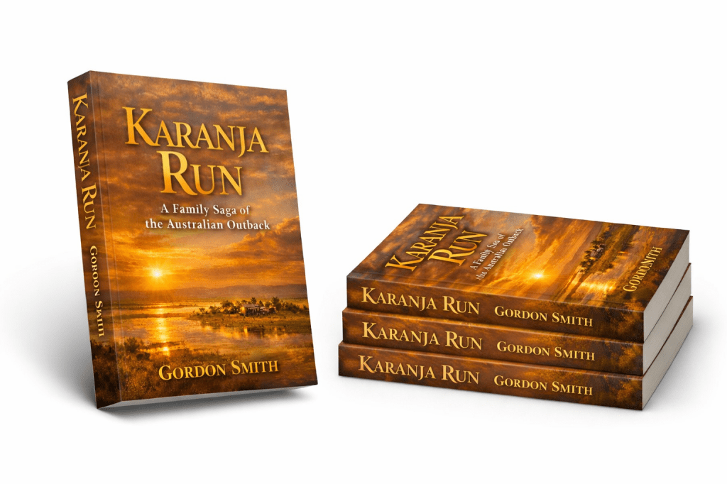 A stack of books titled 'Karanja Run: A Family Saga of the Australian Outback' by Gordon Smith, featuring a dramatic sunset background.