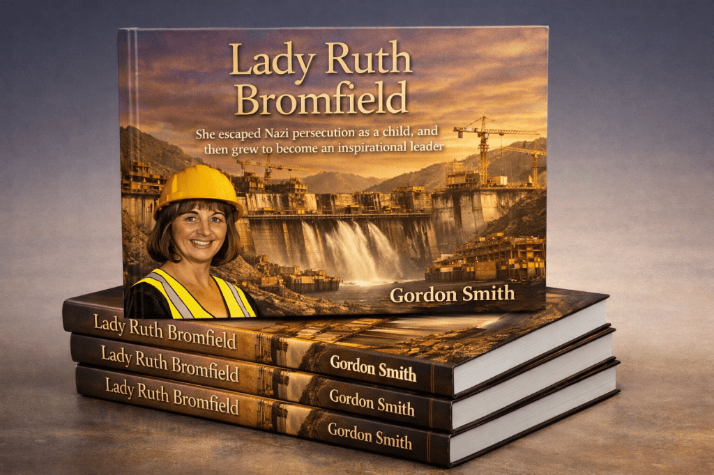 A stack of books featuring 'Lady Ruth Bromfield' by Gordon Smith, with a portrait of a smiling woman wearing a hard hat, set against an image of a dam under construction in a mountainous landscape.