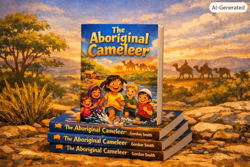 A stack of three children's books titled 'The Aboriginal Cameleer' by Gordon Smith, with a colorful cover illustration featuring smiling children playing by a river surrounded by nature.