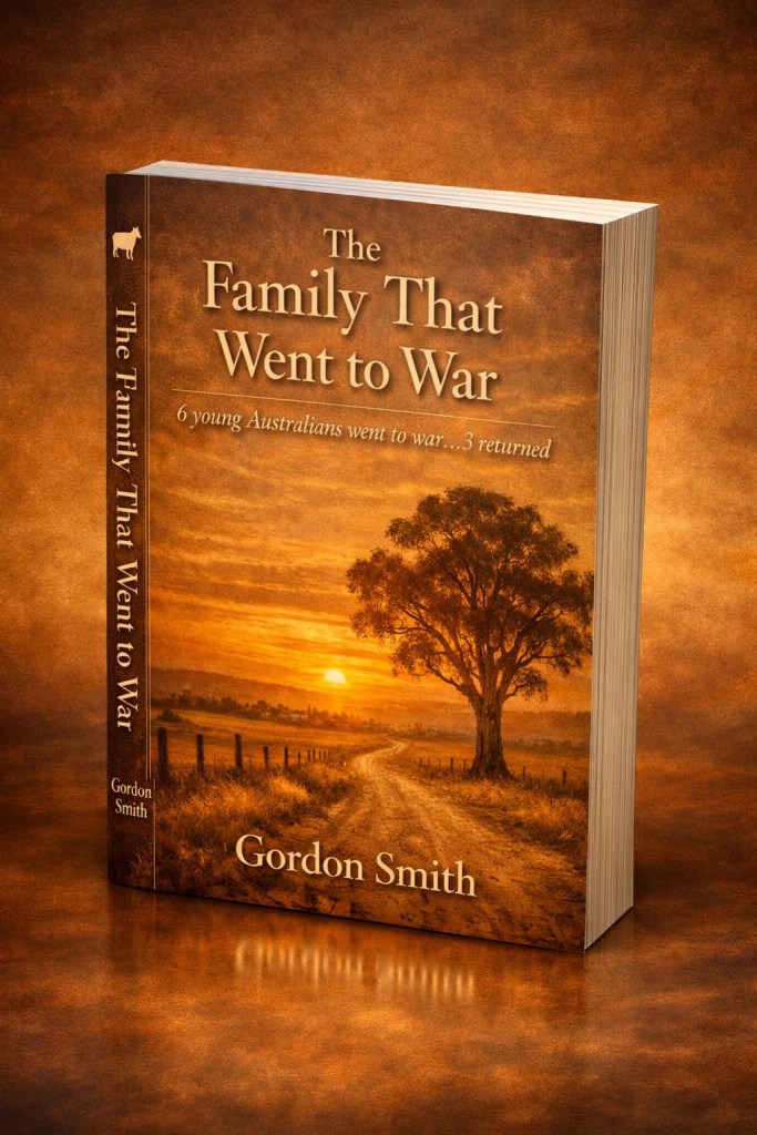 A book titled 'The Family That Went to War' by Gordon Smith, featuring a scenic cover with a winding dirt path, a tree, and a sunset in the background.