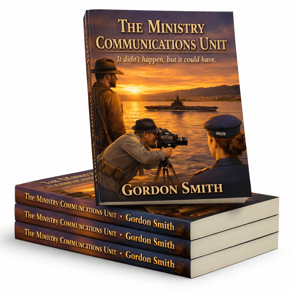 A stack of three books titled 'The Ministry Communications Unit' by Gordon Smith, featuring an illustrated cover depicting two historical figures observing a scenic waterfront at sunset.